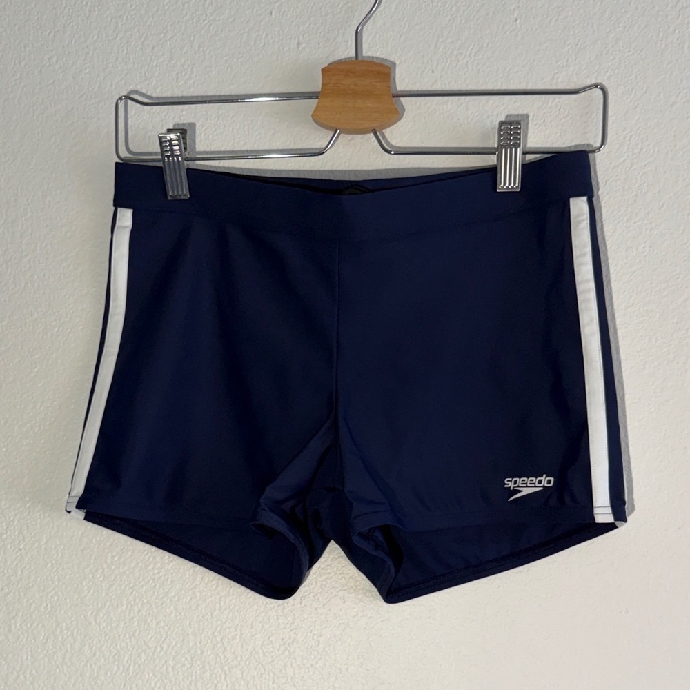 Speedo Men's Shoreline Square Leg Navy White Stripes Swim Race Trunk Brief